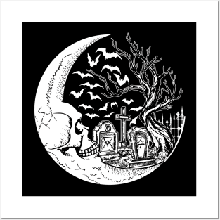 Graveyard Moon in White Posters and Art